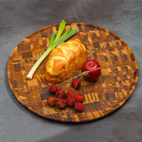 Khay gỗ Teak ghép đầu cây hình tròn