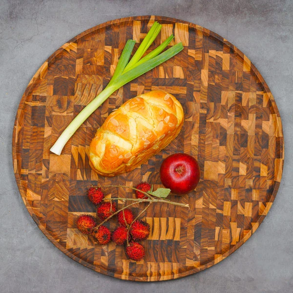 Khay gỗ Teak ghép đầu cây hình tròn