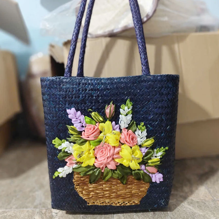 Túi cói đan thủ công hoa nổi