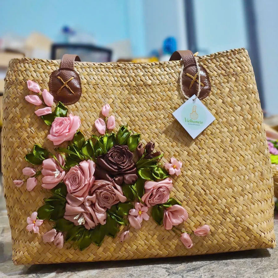 Túi cối thêu hoa hồng nâu
