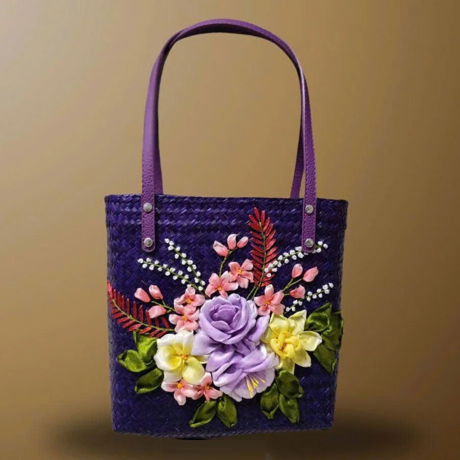 Túi cói đan thủ công hoa nổi tím Lavender